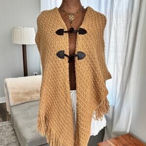 Classic Knit Poncho Cape Shawl Tan with Hood Toggle Closure Fringe Hem One Size